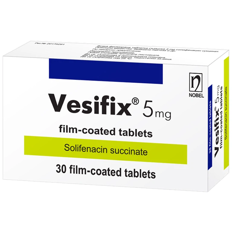 Thuốc Vesifix 5mg Nobel điều trị chứng tiểu tiện không tự chủ, hội chứng bàng quan tăng hoạt động (3 vỉ x 10 viên)