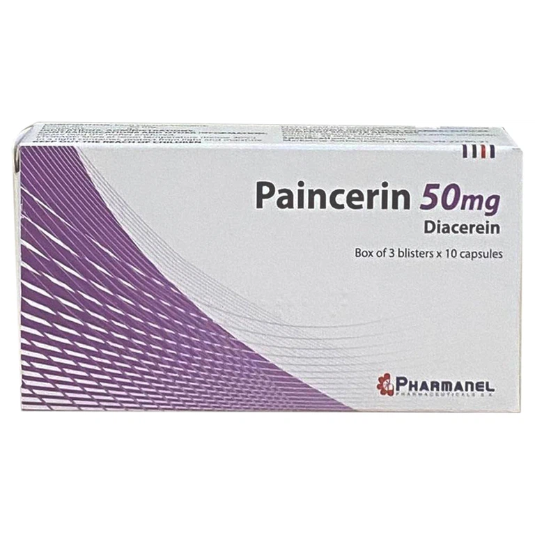 Thuốc Paincerin 50mg Diacerein Pharmanel điều trị triệu chứng thoái hóa khớp hông, gối (3 vỉ x 10 viên)