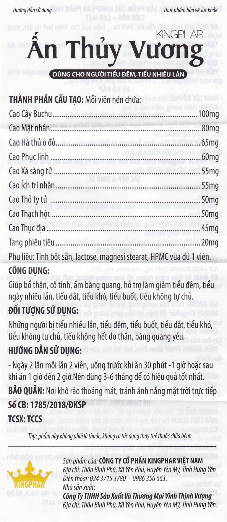 Viên uống Ấn Thủy Vương Kingphar bổ thận, giảm tiêu đêm, tiểu ngày nhiều lần (4 vỉ x 10 viên)