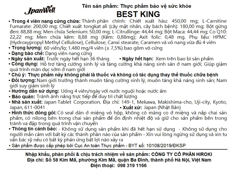 Viên uống Best King Jpanwell hỗ trợ tăng cường sinh lý và khả năng sinh sản ở nam giới (60 viên)