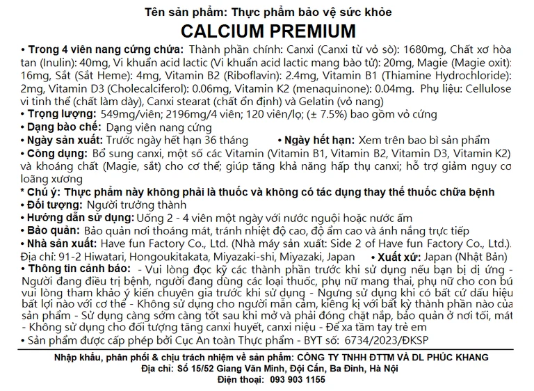 Thực phẩm bảo vệ sức khỏe Calcium Premium JpanWell bổ sung canxi, giảm nguy cơ loãng xương (120 viên)