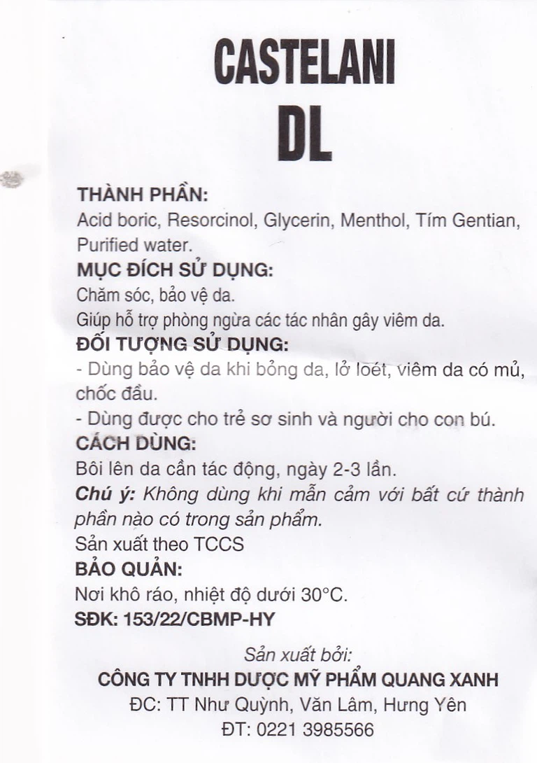 Dung dịch bôi ngoài da Castelani DL 17ml Quablue Pharma hỗ trợ phòng ngừa viêm da do bỏng da, lở loét