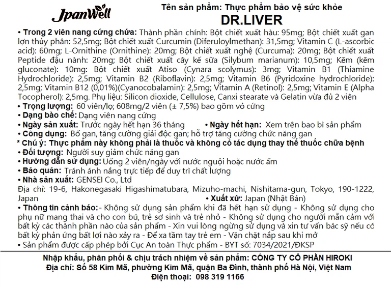 Viên uống Dr. Liver Jpanwell bổ gan, tăng cường giải độc gan (60 viên) 