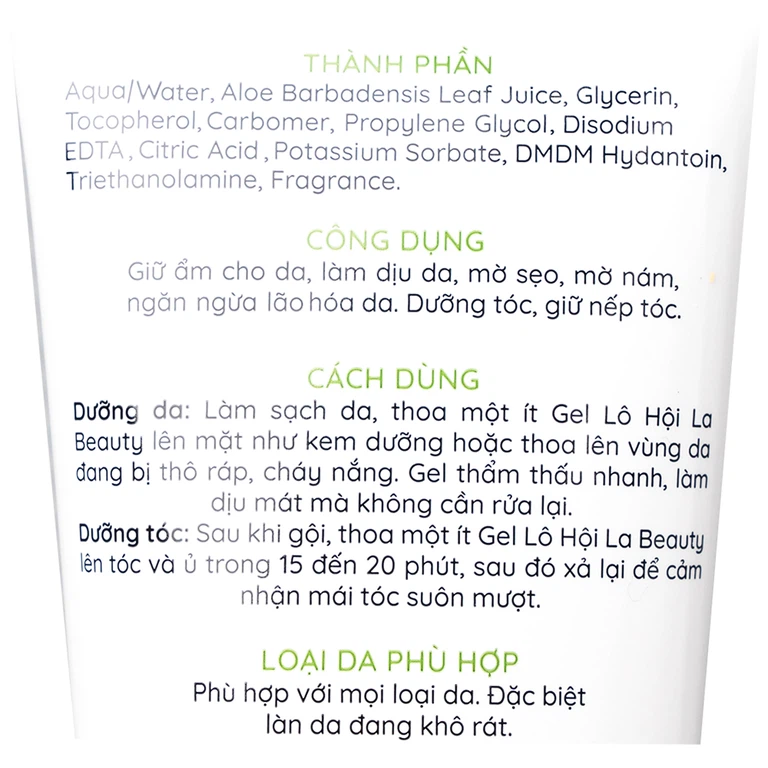 Gel Lô Hội La Beauty 180g giữ ẩm cho da, làm dịu da, mờ sẹo, mờ nám, ngăn ngừa lão hóa da 