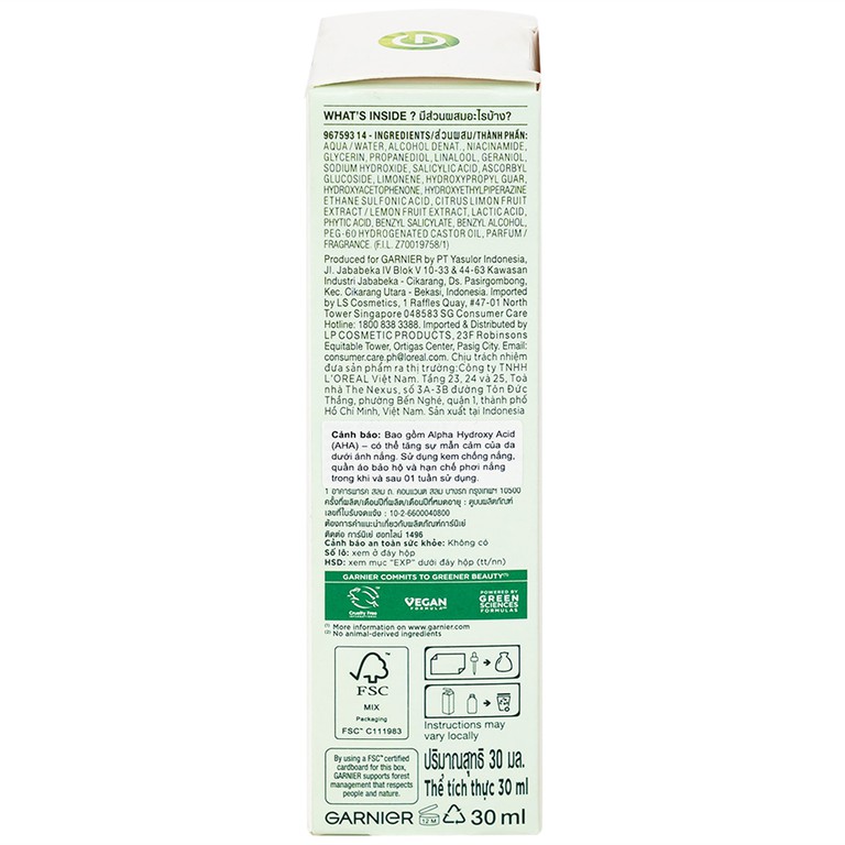 Dưỡng chất giảm mụn sáng da Garnier Skin Naturals Bright Complete Anti-acne Booster Serum (30ml)