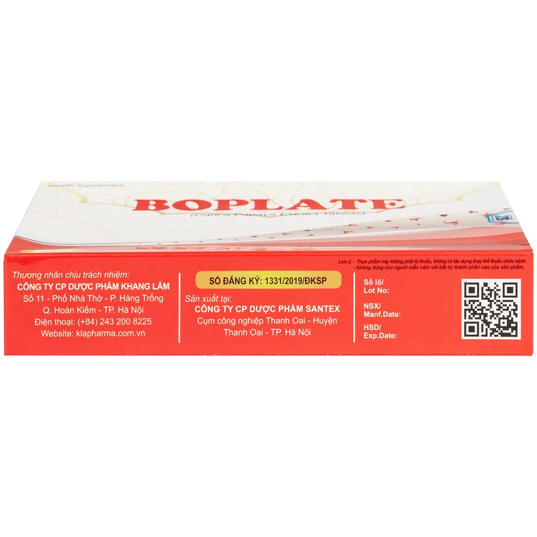 Viên uống Boplate Santex hỗ trợ tăng cường tái tạo tiểu cầu, giảm nguy cơ thiếu tiểu cầu (2 vỉ x 10 viên)