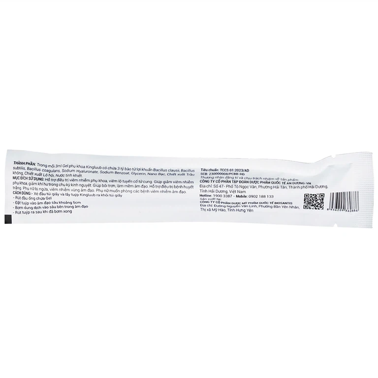 Gel phụ khoa Kingluub Biosantis giảm viêm nhiễm, hỗ trợ điều trị huyết trắng, bôi trơn, mềm âm đạo (5 tuýp x 3ml)