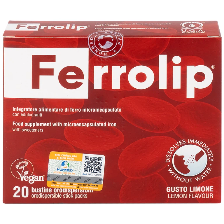Sắt Ferrolip Uga hỗ trợ tạo hồng cầu, giúp giảm nguy cơ thiếu máu do thiếu sắt (20 gói)
