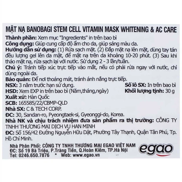 Mặt nạ Banobagi stem cell vitamin mask whitening & ac care  hỗ trợ cấp ẩm và dưỡng sáng da cho da mụn (30g)