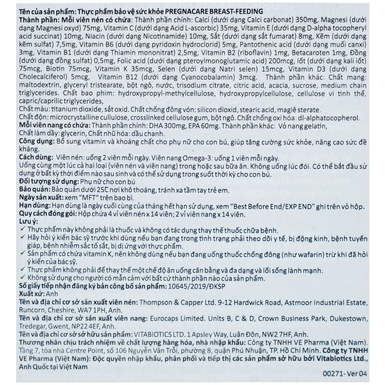 Viên uống Pregnacare Breast Feeding Vitabiotics bổ sung vitamin và khoáng chất cho phụ nữ cho con bú (6 vỉ x 14 viên)