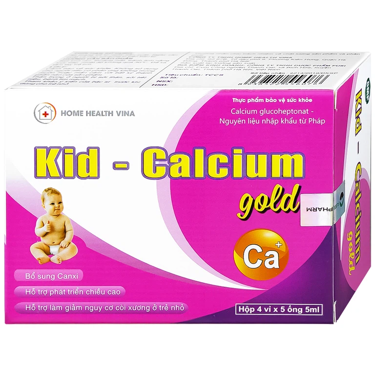 Dung dịch uống Kid-Calcium Gold 5ml Home Health Vina bổ sung calci giúp xương, răng chắc khỏe (4 vỉ x 5 ống)