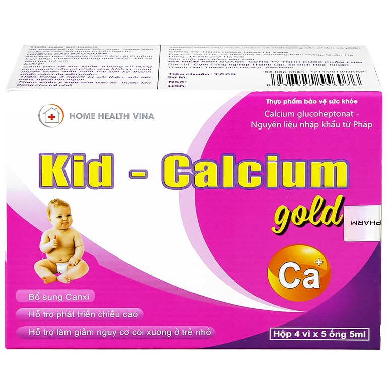 Dung dịch uống Kid-Calcium Gold 5ml Home Health Vina bổ sung calci giúp xương, răng chắc khỏe (4 vỉ x 5 ống)