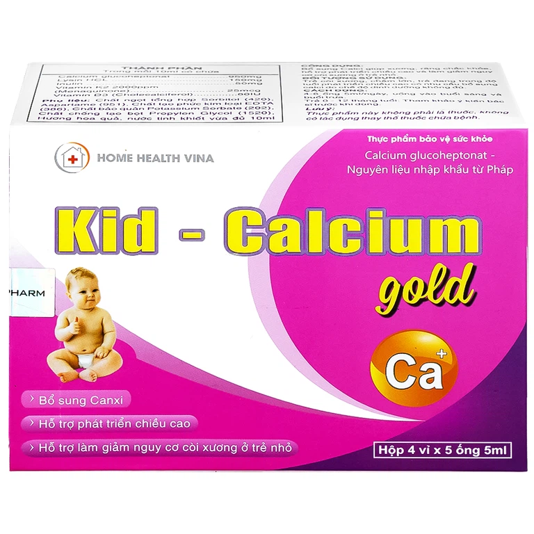 Dung dịch uống Kid-Calcium Gold 5ml Home Health Vina bổ sung calci giúp xương, răng chắc khỏe (4 vỉ x 5 ống)