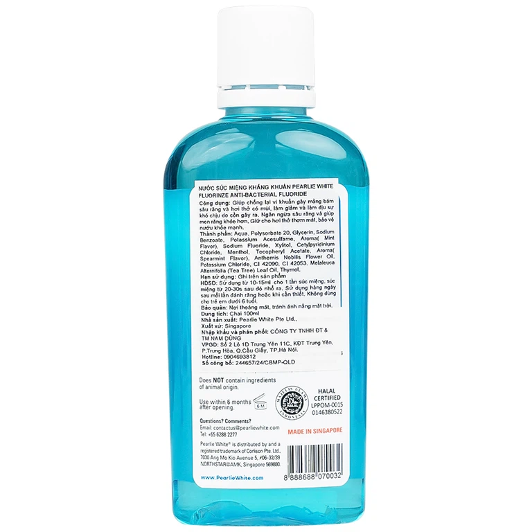 Nước súc miệng Pearlie White Fluorinze Anti-bacterial Fluoride 100ml không cồn, chống mảng bám