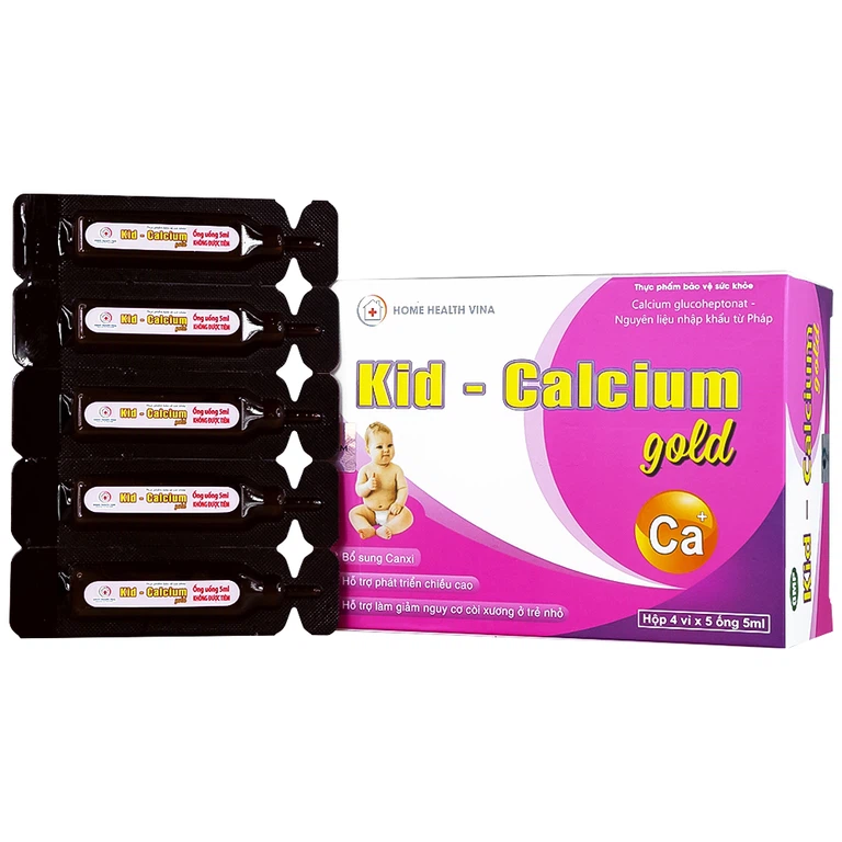 Dung dịch uống Kid-Calcium Gold 5ml Home Health Vina bổ sung calci giúp xương, răng chắc khỏe (4 vỉ x 5 ống)