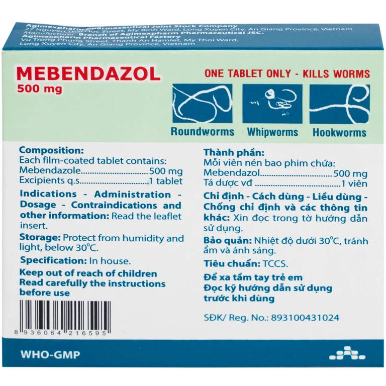 Thuốc Mebendazol 500mg Agimexpharm điều trị nhiễm một hoặc nhiều loại giun đường ruột (1 viên)