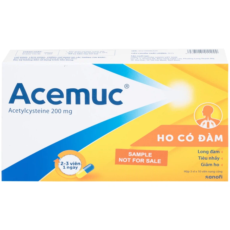 Thuốc Acemuc 200mg Sanofi long đàm, tiêu nhầy, giảm ho (3 vỉ x 10 viên)