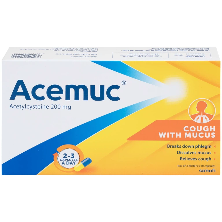 Thuốc Acemuc 200mg Sanofi long đàm, tiêu nhầy, giảm ho (3 vỉ x 10 viên)