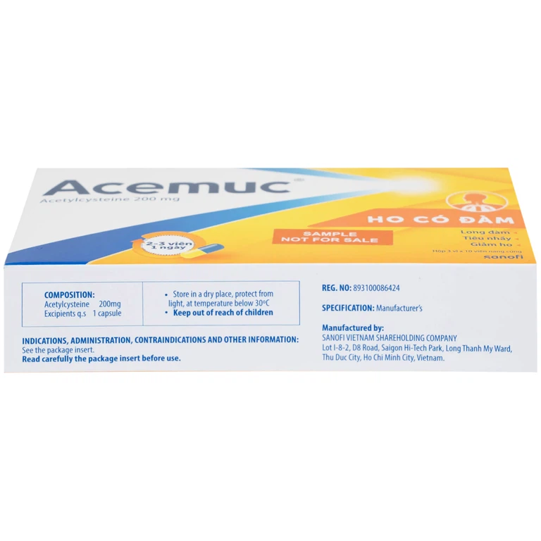 Thuốc Acemuc 200mg Sanofi long đàm, tiêu nhầy, giảm ho (3 vỉ x 10 viên)