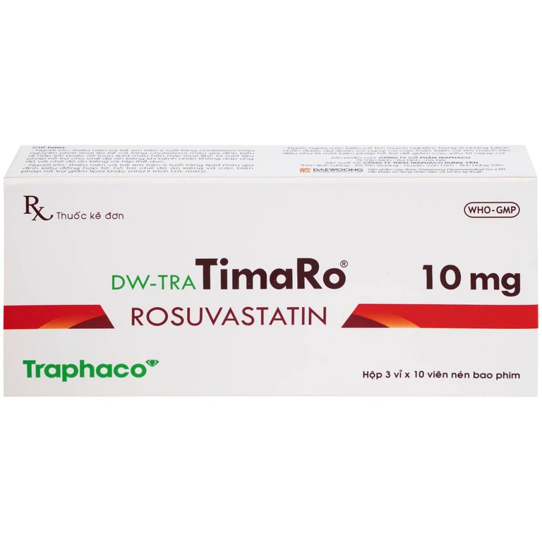 Thuốc DW-TRA TimaRo Rosuvastatin 10mg Traphaco điều trị rối loạn lipid máu ở người lớn và trẻ em (3 vỉ x 10 viên)