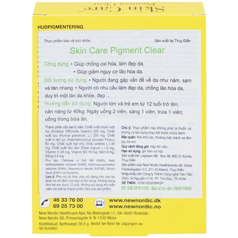 Thực phẩm bảo vệ sức khỏe Skin Care Pigment Clear giảm các vết thâm nám, sạm, tàn nhang (60 viên)