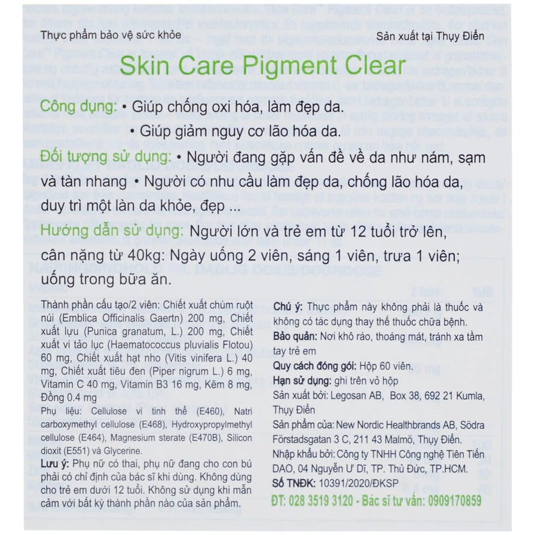 Thực phẩm bảo vệ sức khỏe Skin Care Pigment Clear giảm các vết thâm nám, sạm, tàn nhang (60 viên)