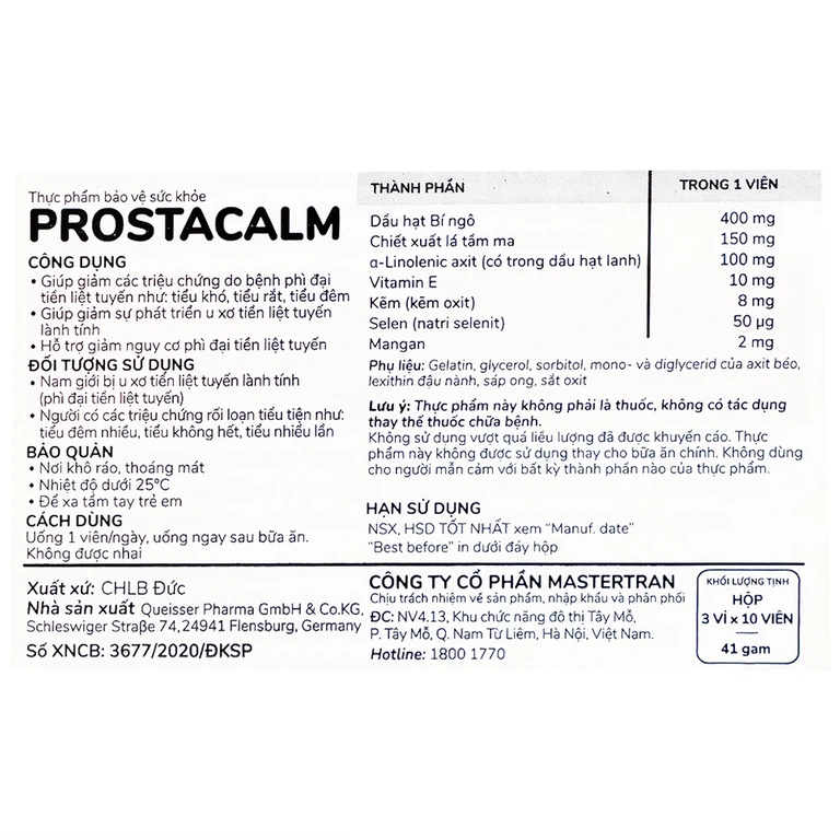 Viên uống Prostacalm Doppelherz Aktiv ngăn ngừa và hạn chế phát triển của u xơ (30 viên)