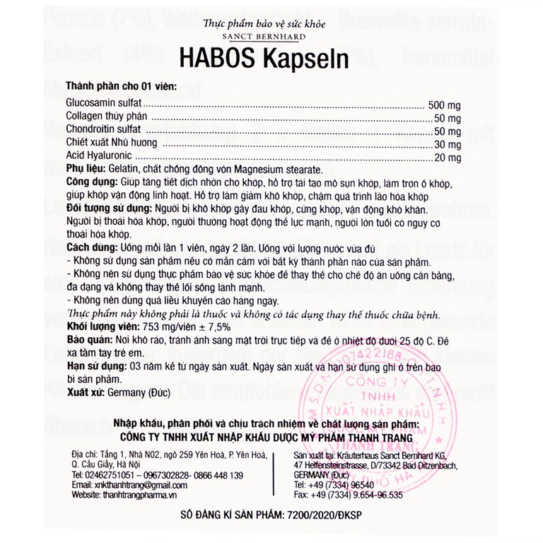 Viên uống Habos Kapseln Sanct Bernhard tăng tiết dịch nhờn cho khớp, hỗ trợ tái tạo mô sụn khớp (60 viên)