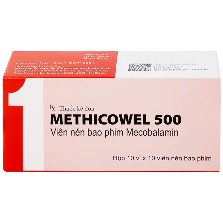 Thuốc Methicowel 500 Akums điều trị các bệnh lý thần kinh ngoại biên, thiếu máu hồng cầu to (10 vỉ x 10 viên)