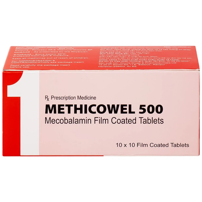 Thuốc Methicowel 500 Akums điều trị các bệnh lý thần kinh ngoại biên, thiếu máu hồng cầu to (10 vỉ x 10 viên)