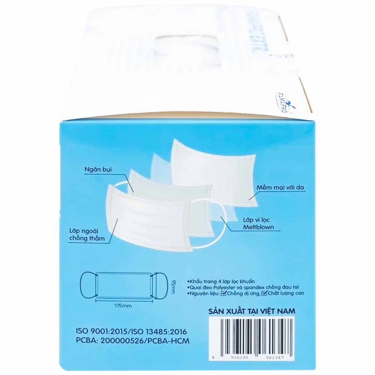 Khẩu trang y tế Famapro Extra màu trắng 4 lớp hỗ trợ ngăn khói, bụi, kháng khuẩn (50 cái)
