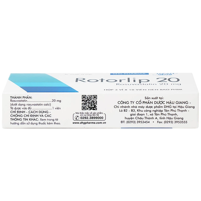 Thuốc Rotorlip 20 DHG điều trị tăng cholesterol máu, dự phòng biến cố tim mạch (3 vỉ x 10 viên)