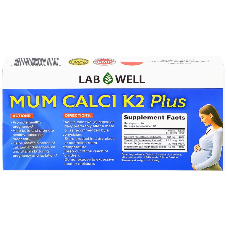Viên uống Mum Calci K2 Plus Lab Well bổ sung canxi cho phụ nữ mang thai và cho con bú (2 vỉ x 18 viên)