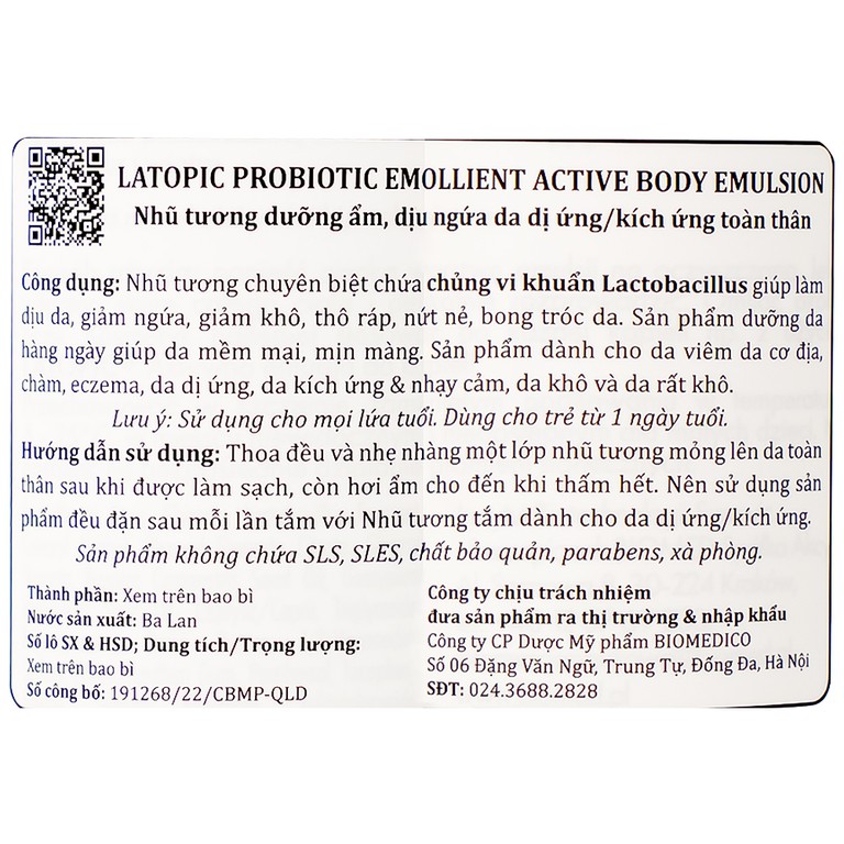 Nhũ tương Probiotic Emollient Latopic làm dịu da, giảm ngứa, giảm khô (250ml)