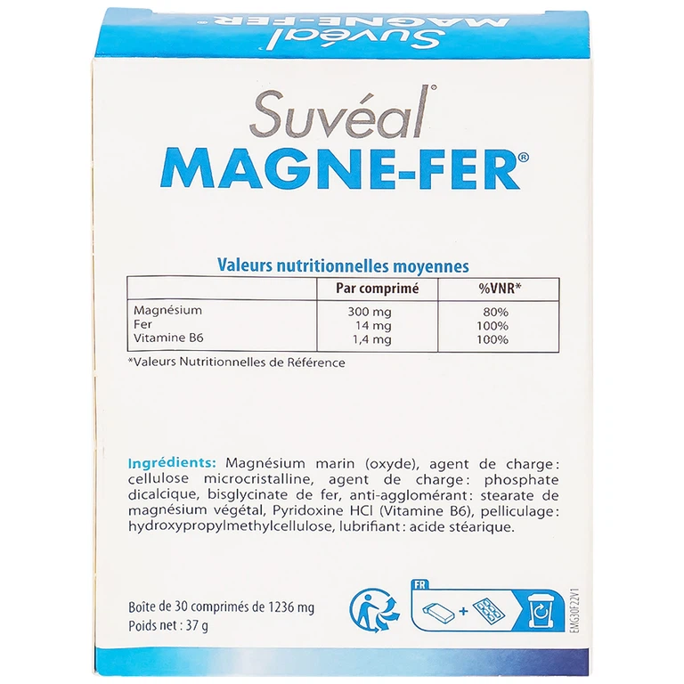 Thực phẩm bảo vệ sức khỏe Magne-Fer Suvéal Densmore bổ sung magie, vitamin B6 và sắt cho cơ thể (2 vỉ x 15 viên x 37g)