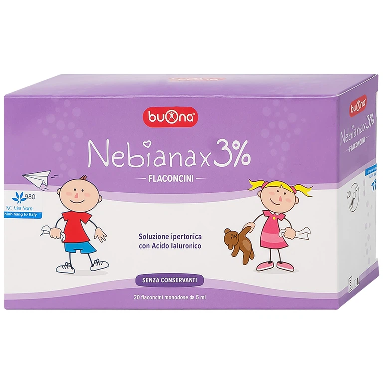 Dung dịch muối ưu trương nhỏ mũi Buona Nebianax 3% làm loãng dịch nhầy ở mũi (20 ống)