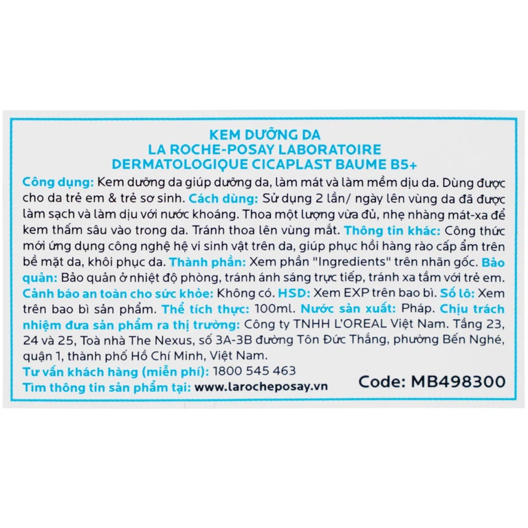 Kem dưỡng La Roche-Posay Cicaplast Baume B5+ làm dịu và phục hồi da cho trẻ em và trẻ sơ sinh (100ml)