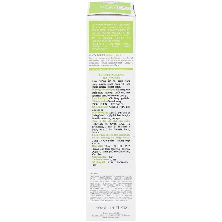 Kem SVR Sebiaclear Mat And Pores điều hòa bã nhờn, dưỡng ẩm, thu nhỏ lỗ chân lông (40ml)