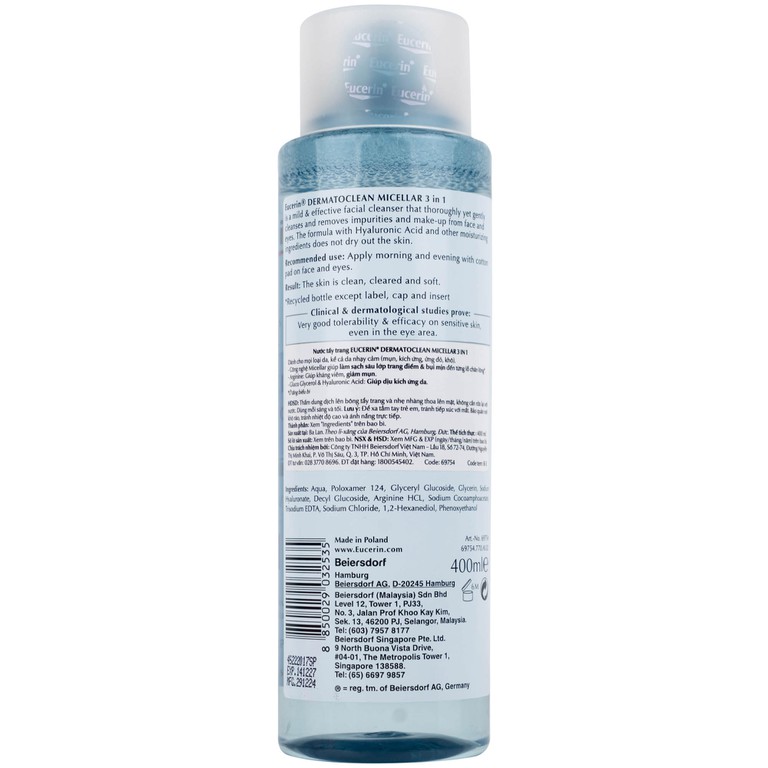 Nước tẩy trang Eucerin Dermato Clean Micellar 3 in 1 dành cho da nhạy cảm (400ml)
