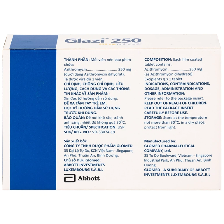Thuốc Glazi 250 Abbott điều trị viêm xoang cấp, viêm tai giữa cấp, viêm họng, viêm amidan (2 vỉ x 6 viên)