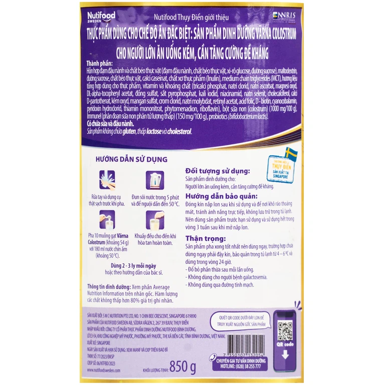 Sữa Nutifood Varna Colostrum cho người lớn ăn uống kém, cần tăng cường đề kháng (850g)