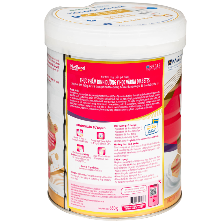 Sữa Nutifood Varna Diabetes chứa công thức dinh dưỡng cho người đái tháo đường (850g)