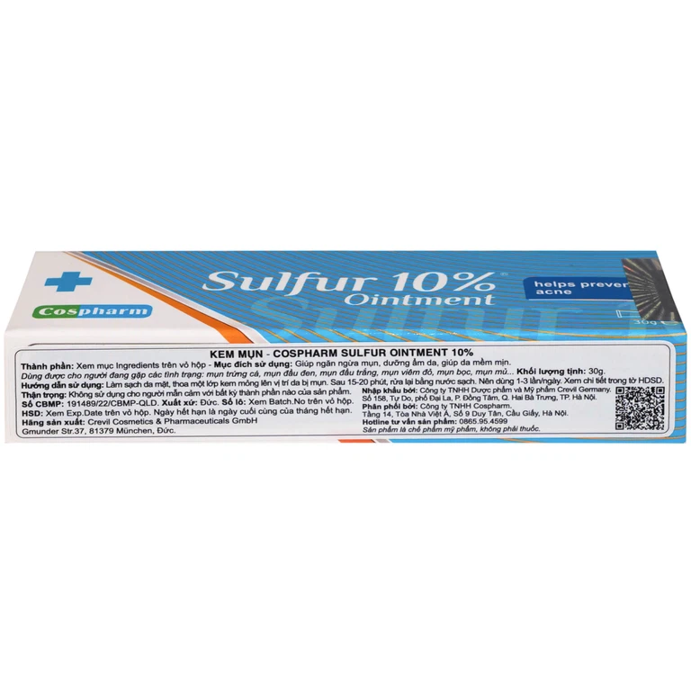Kem bôi Sulfur 10% Ointment Cospharm hỗ trợ cải thiện tình trạng mụn và giảm viêm sưng (30g)