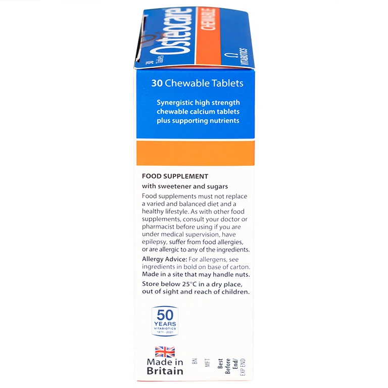 Viên nén nhai Osteocare chewable Vitabiotics hỗ trợ duy trì xương chắc khoẻ (3 vỉ x 10 viên)