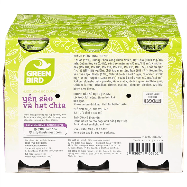 Nước Yến Sào Và Hạt Chia Greenbird (6 chai x 185ml)