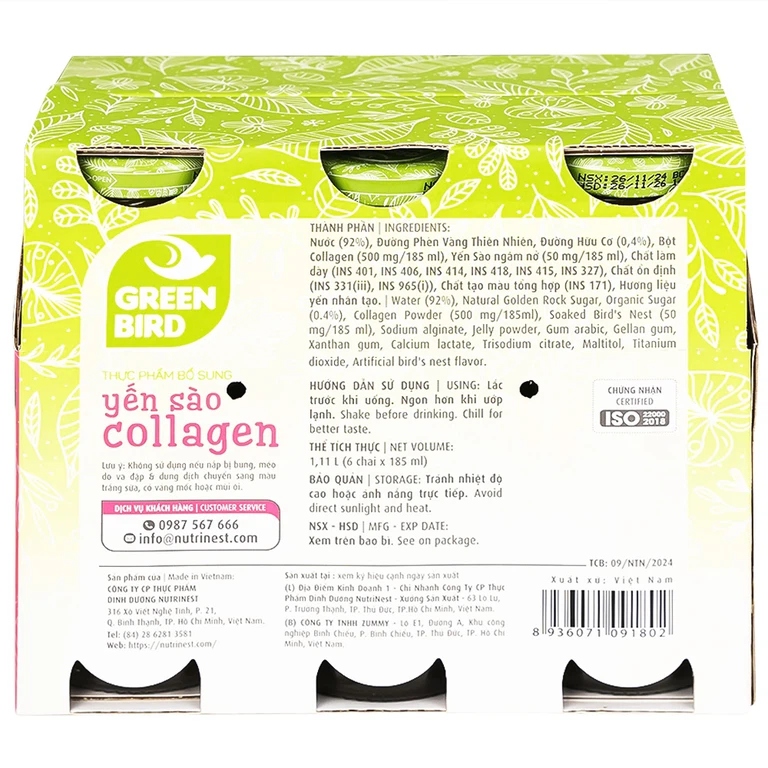 Nước Uống Bổ Dưỡng Yến Sào Collagen Greenbird (6 chai x 185ml)
