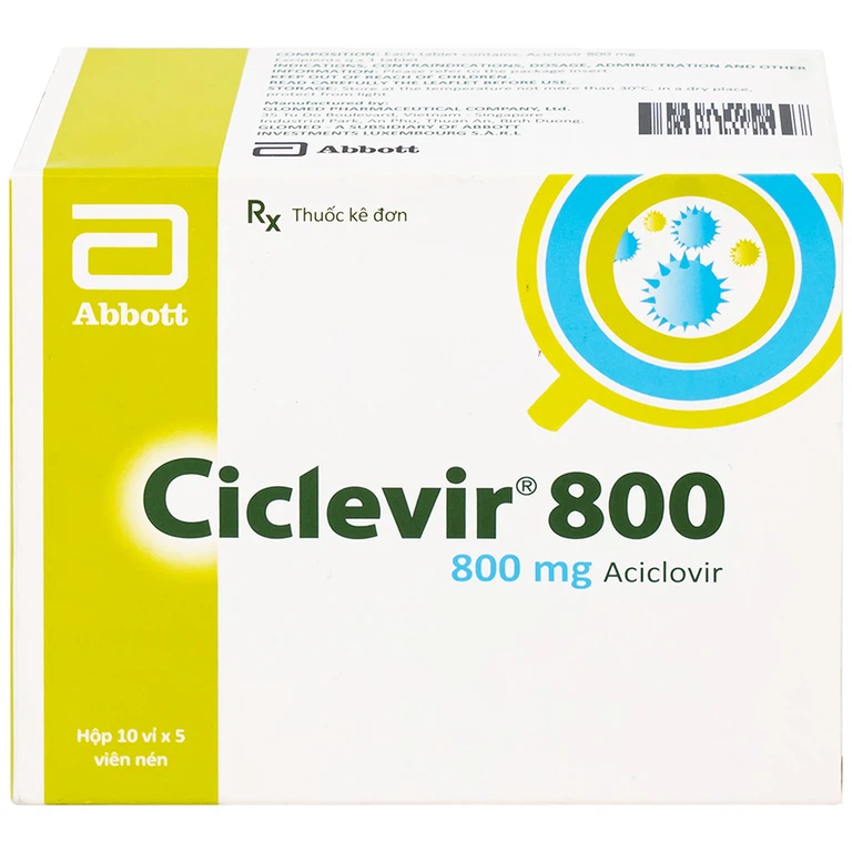 Thuốc Ciclevir 800 Abbott điều trị nhiễm virus Herpes simplex tuýp 1 và 2 (10 vỉ x 5 viên)