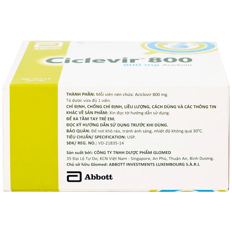 Thuốc Ciclevir 800 Abbott điều trị nhiễm virus Herpes simplex tuýp 1 và 2 (10 vỉ x 5 viên)