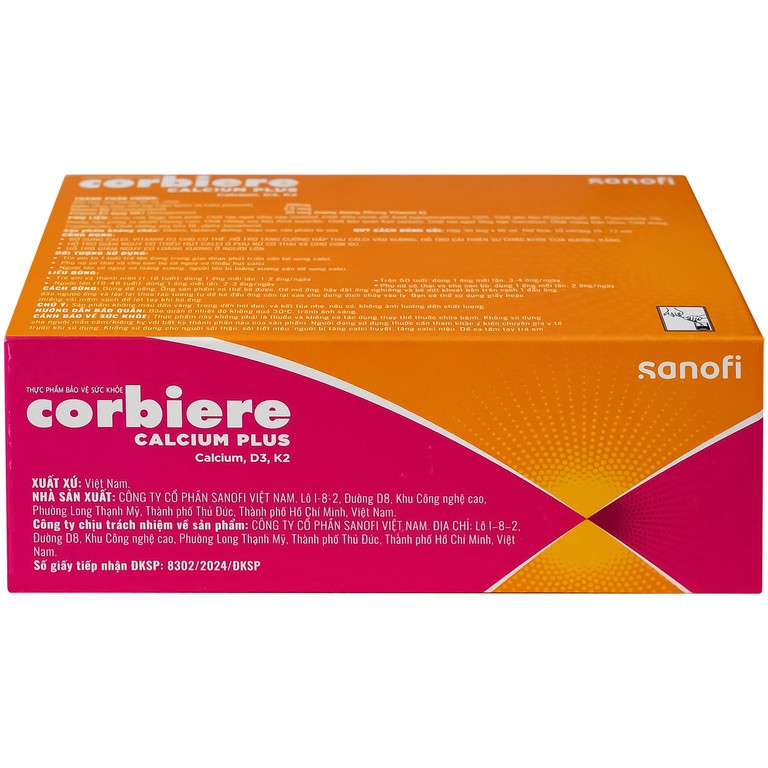 Thực phẩm bảo vệ sức khỏe Corbiere Calcium Plus Sanofi giúp bổ sung calci, vitamin D3 (3 vỉ x 10 ống)