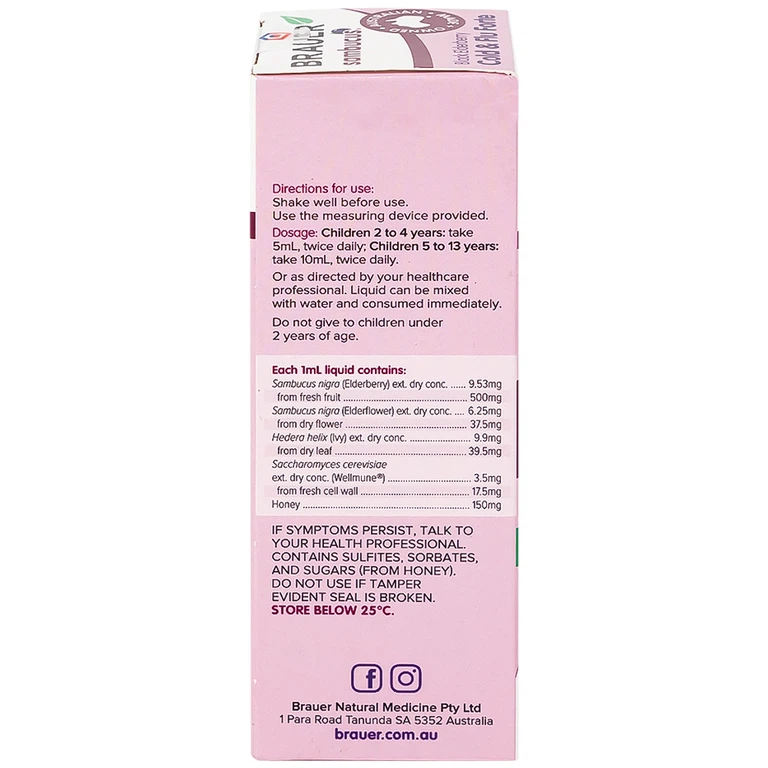 Dung dịch Black ElderBerry Cold And Flu Forte 100ml Brauer hỗ trợ giảm các triệu chứng ho, sổ mũi do cảm
